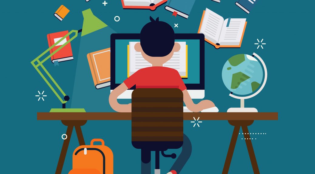 ilustração estudante estudando em computador