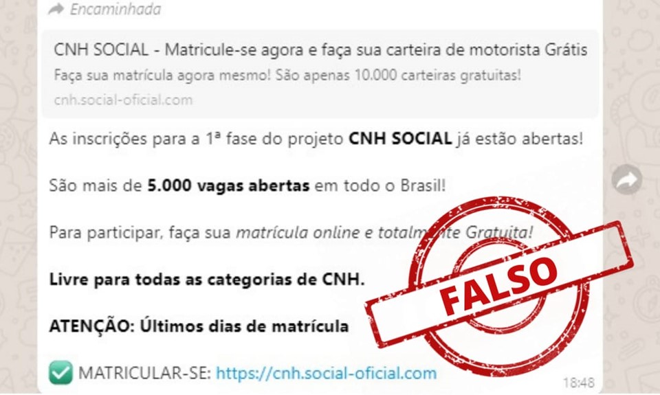 Mensagem no WhatsApp sobre inscrições para CNH Social é falsa, de acordo com Detran ES.