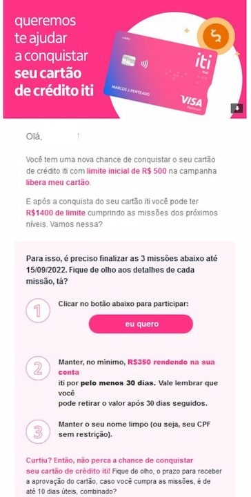E-mail da promoção "Libera meu cartão", do Iti (Imagem: Divulgação/Itaú)