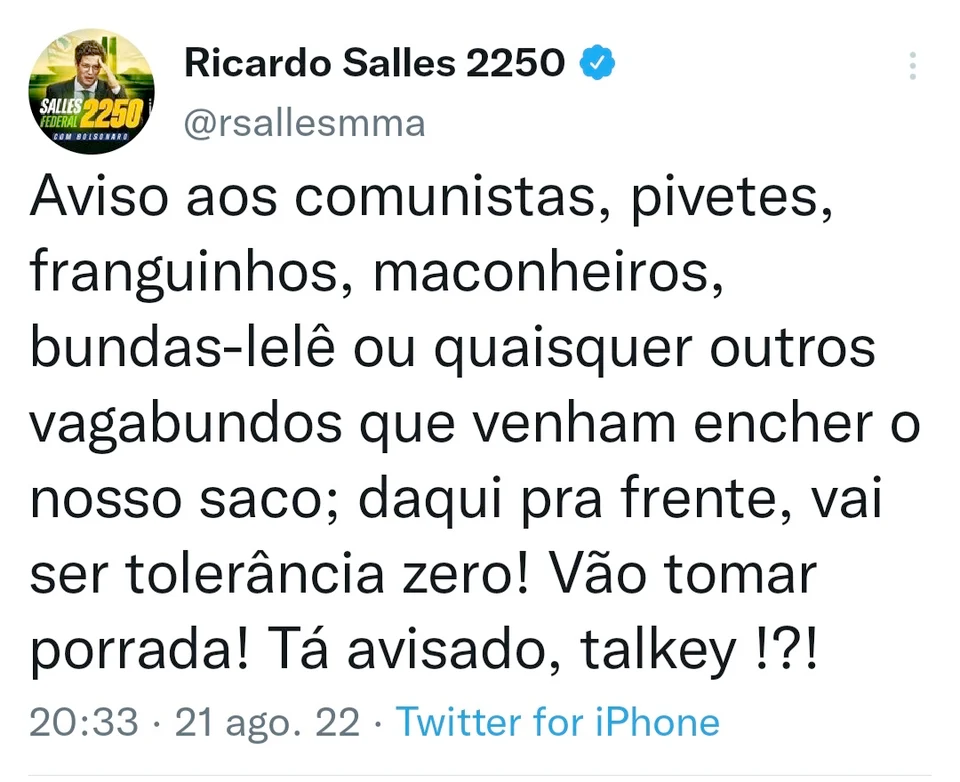 Tweet de Ricardo Salles, apagado pouco tempo depois de ser publicado (Imagem: Reprodução/Núcleo Jornalismo)